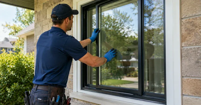 technician measuring a broken window pane for replacement in Nobleton