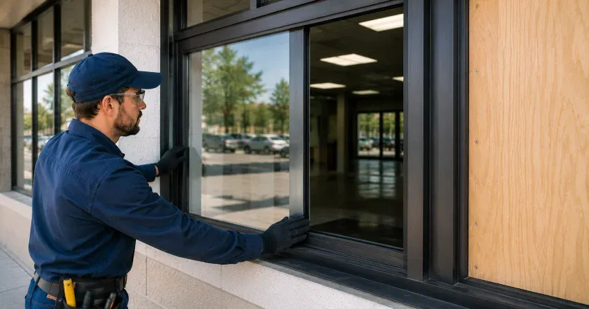 technician boarding a broken window after a break-in in Nobleton