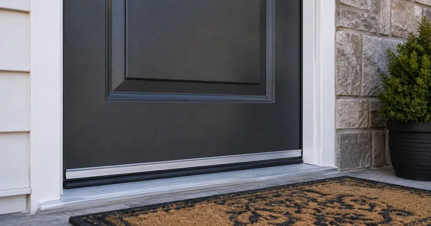 technician replacing worn door weatherstripping in Nobleton home