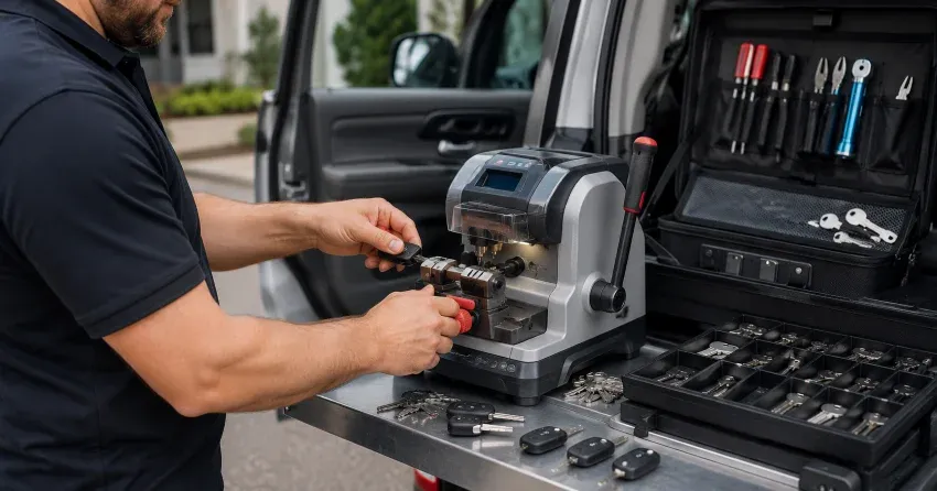 technician cutting a replacement car door lock key in Gates of Nobleton, Nobleton