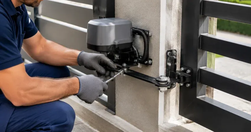 technician diagnosing automatic gate motor and control panel in Nobleton North, Nobleton