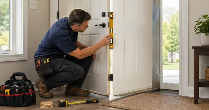 technician diagnosing a misaligned door frame in Nobleton