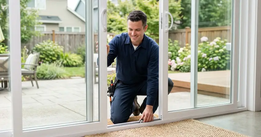 technician diagnosing a sticking patio door in Nobleton North, Nobleton