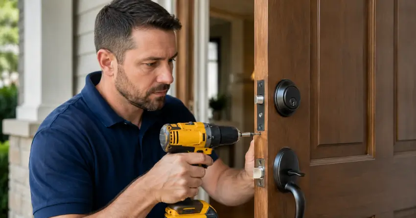 technician installing a new deadbolt during Change Door Lock Nobleton service