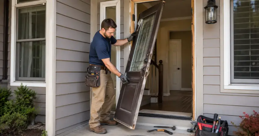 old exterior door being removed for replacement in Gates of Nobleton, Nobleton
