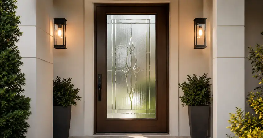 decorative frosted glass panel installed in a front door in Gates of Nobleton, Nobleton