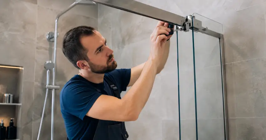 technician adjusting shower door hinge and track in Nobleton