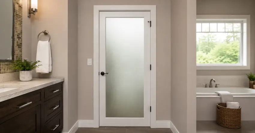 frosted glass panel bathroom door installed in a Nobleton South, Nobleton home