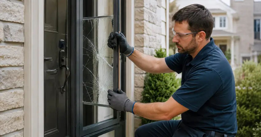 technician removing cracked storm door glass panel in Nobleton Lakes, Nobleton