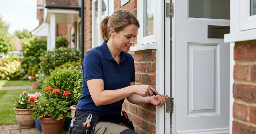 technician repairing exterior door hinge and frame in Nobleton South, Nobleton