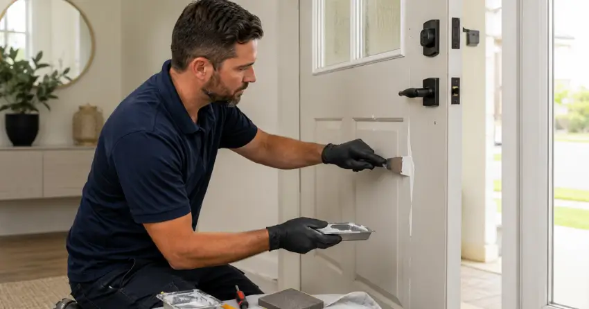 technician repairing fiberglass door surface crack in Nobleton