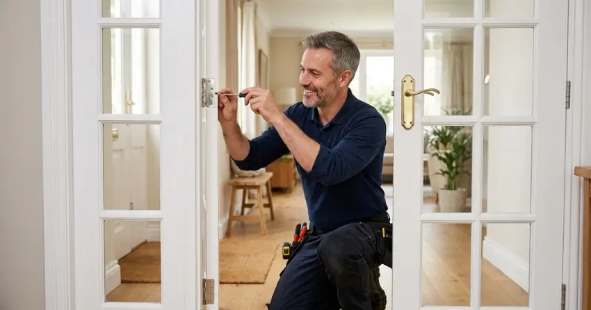 technician adjusting French door hinge for proper alignment in Nobleton South, Nobleton