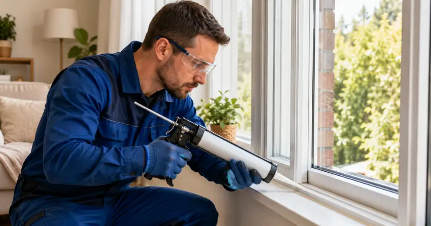 technician repairing window seal and frame in Nobleton