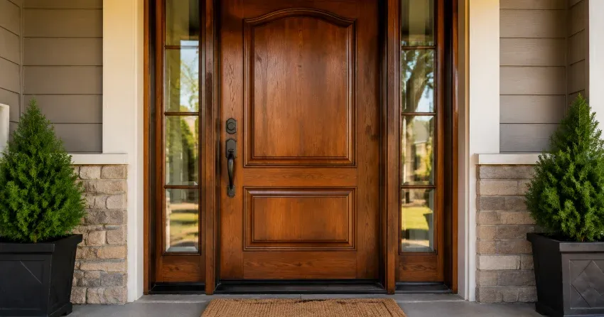 wood door mid-restoration showing stripped bare wood in Nobleton