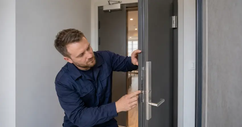technician inspecting fire-rated door seal and hardware in Nobleton