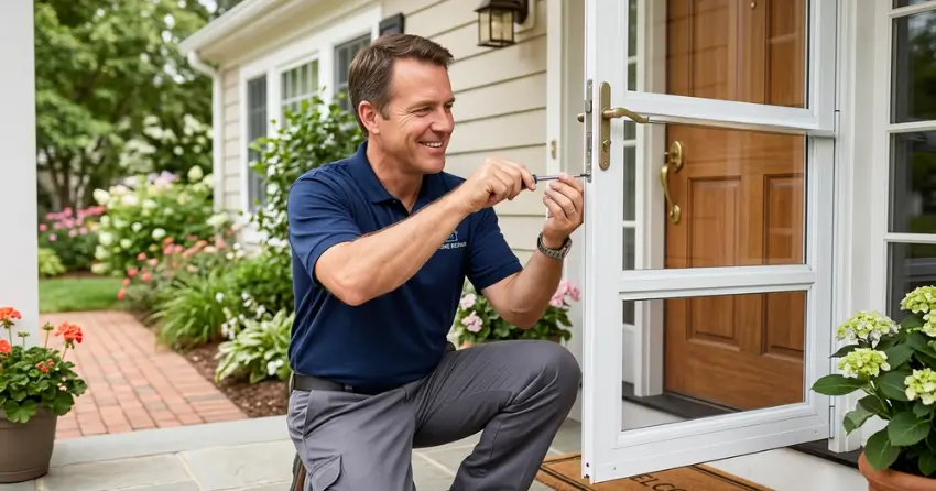 technician adjusting storm door hinge and closer in Nobleton Lakes, Nobleton